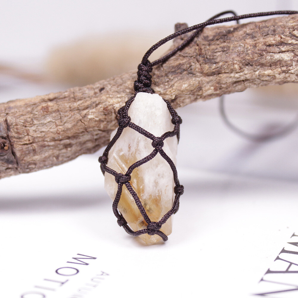 Natural Brazil Citrine Crystal Rough Raw Stone Pendant Wrap Rope Necklace