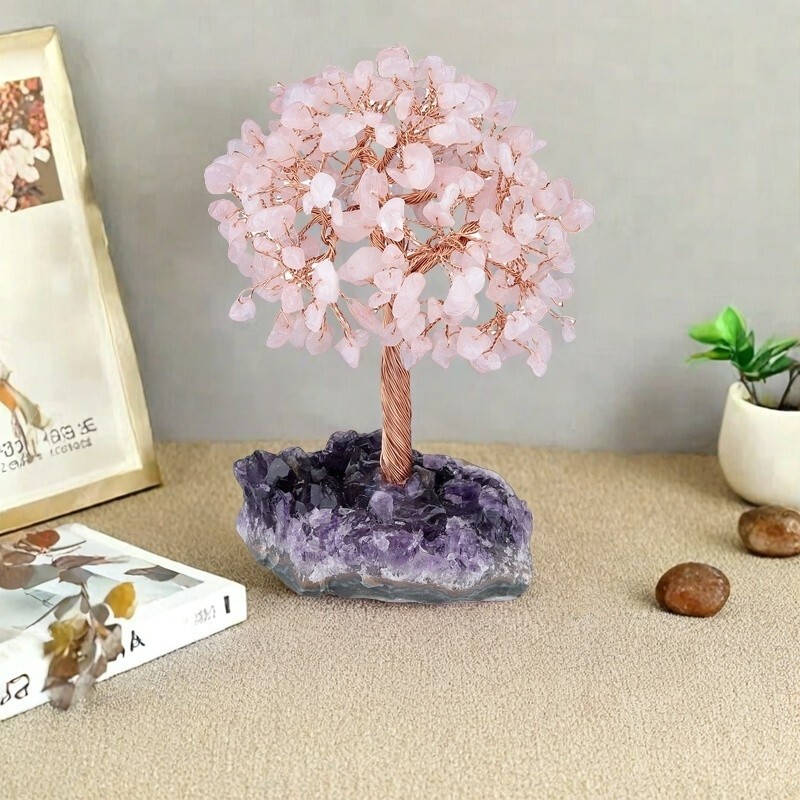 Rose Quartz Tree Of Life with Amethyst Base Large Crystal Tree Home Decor Gift