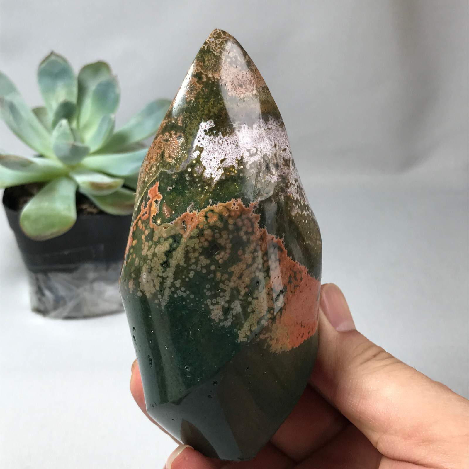 Natural Ocean Jasper torch Hand carve polish Crystal free standing 362g g6632