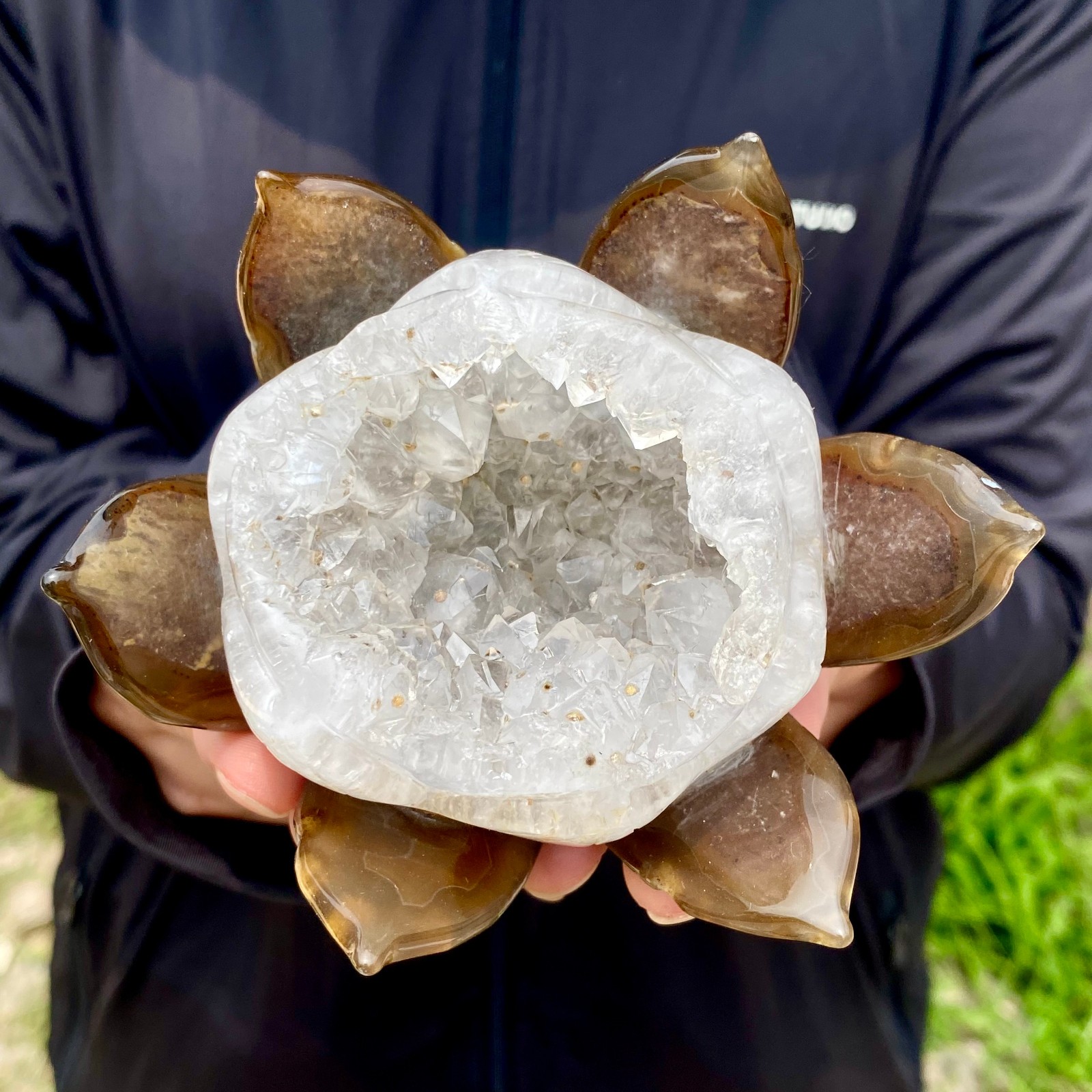 450G Natural Agate Geode Carved Lotus Flower, Hand Carved Healing Crystal Home