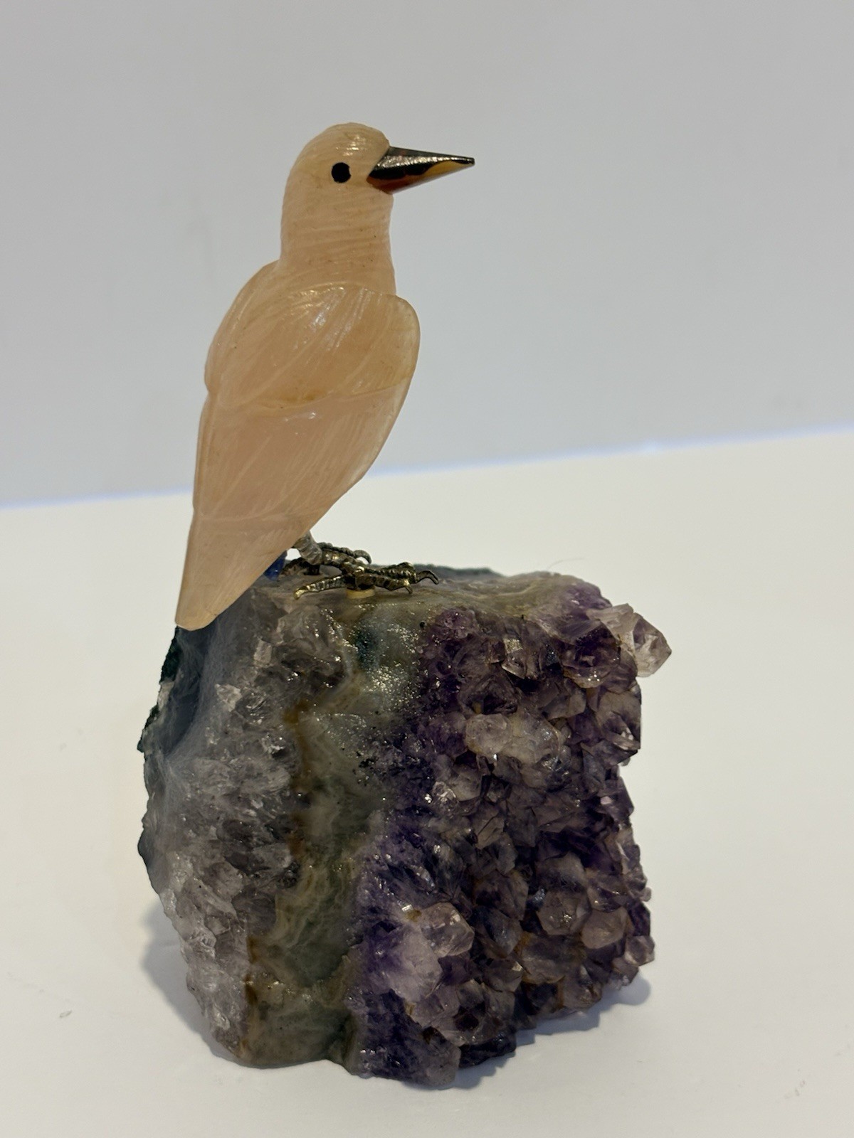 Hand carved Rose quartz bird on amethyst geode cluster 5x3x2.5