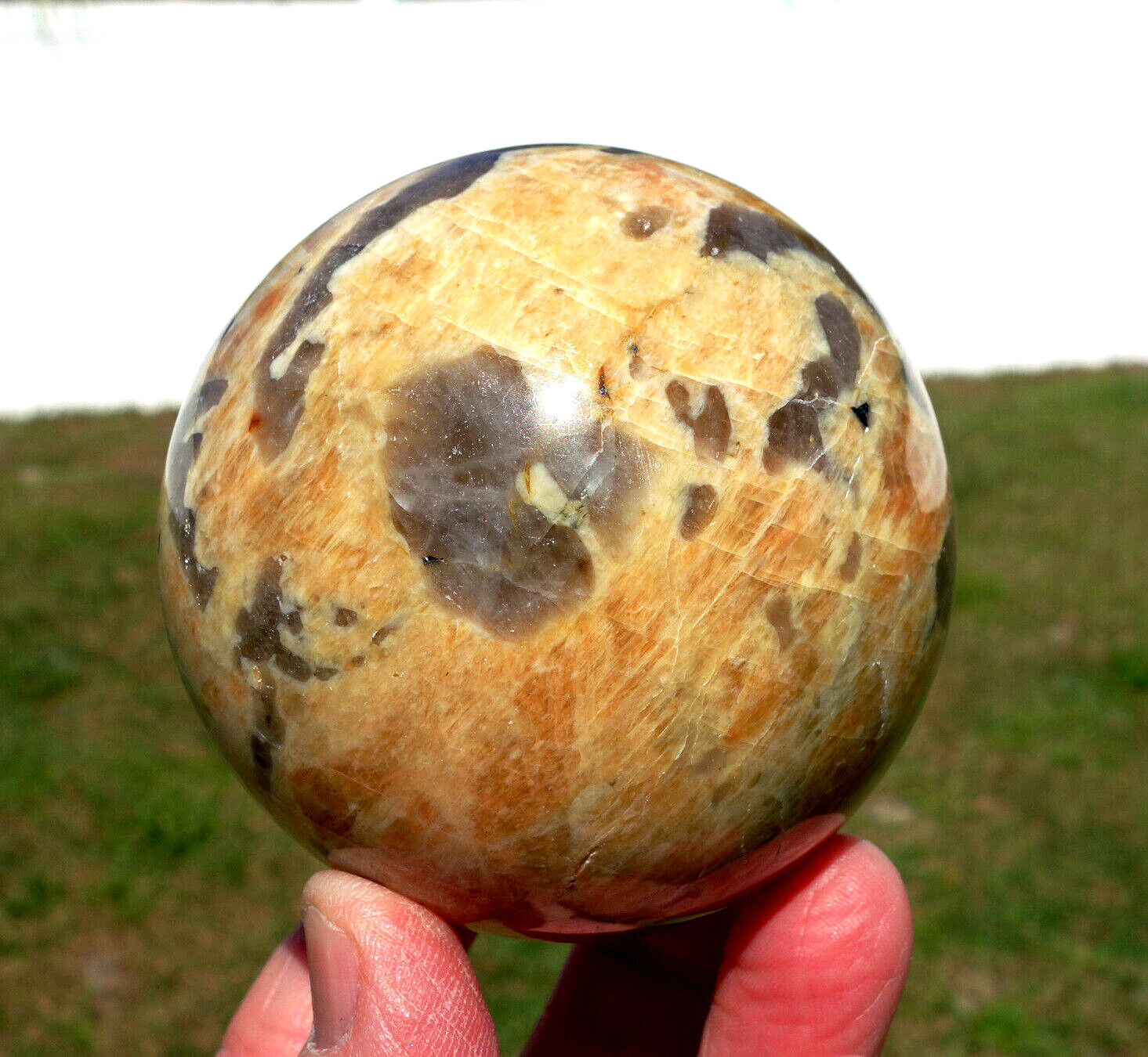 Peach MOONSTONE a Graphic SMOKY Quartz in Feldspar Crystal SPHERE Ball For Sale