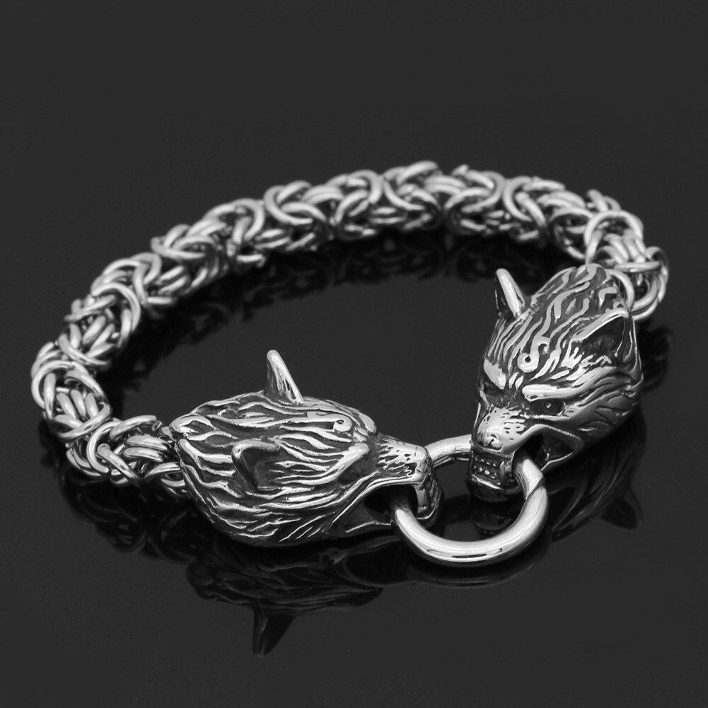 7.5-9 inch Mens Stainless Steel Norse Viking Fenrir Wolf Head Bracelet Men
