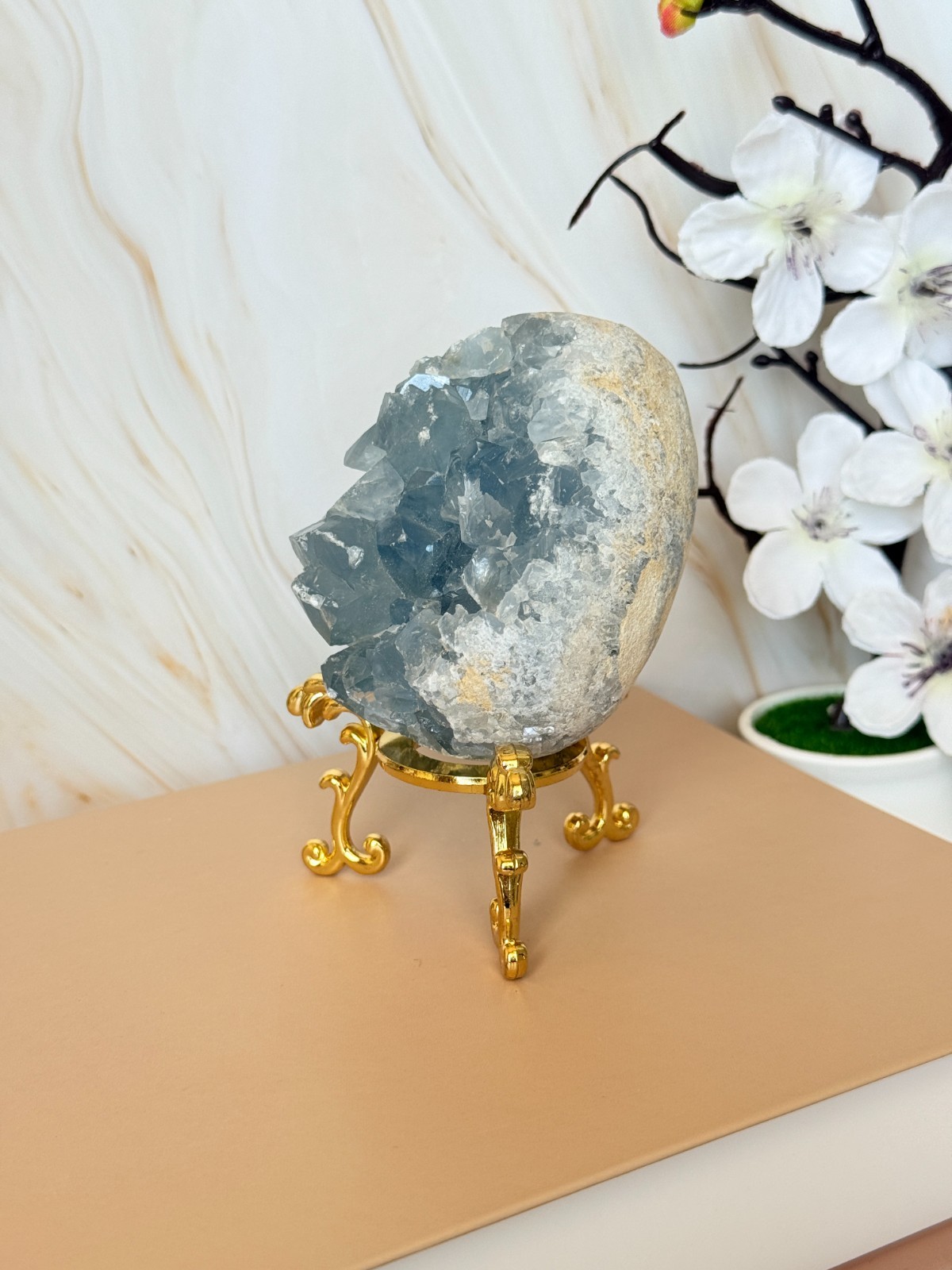 Blue Celestite Crystal Egg Natural Druzy Madagascar 8-9cm Polished Home Decor