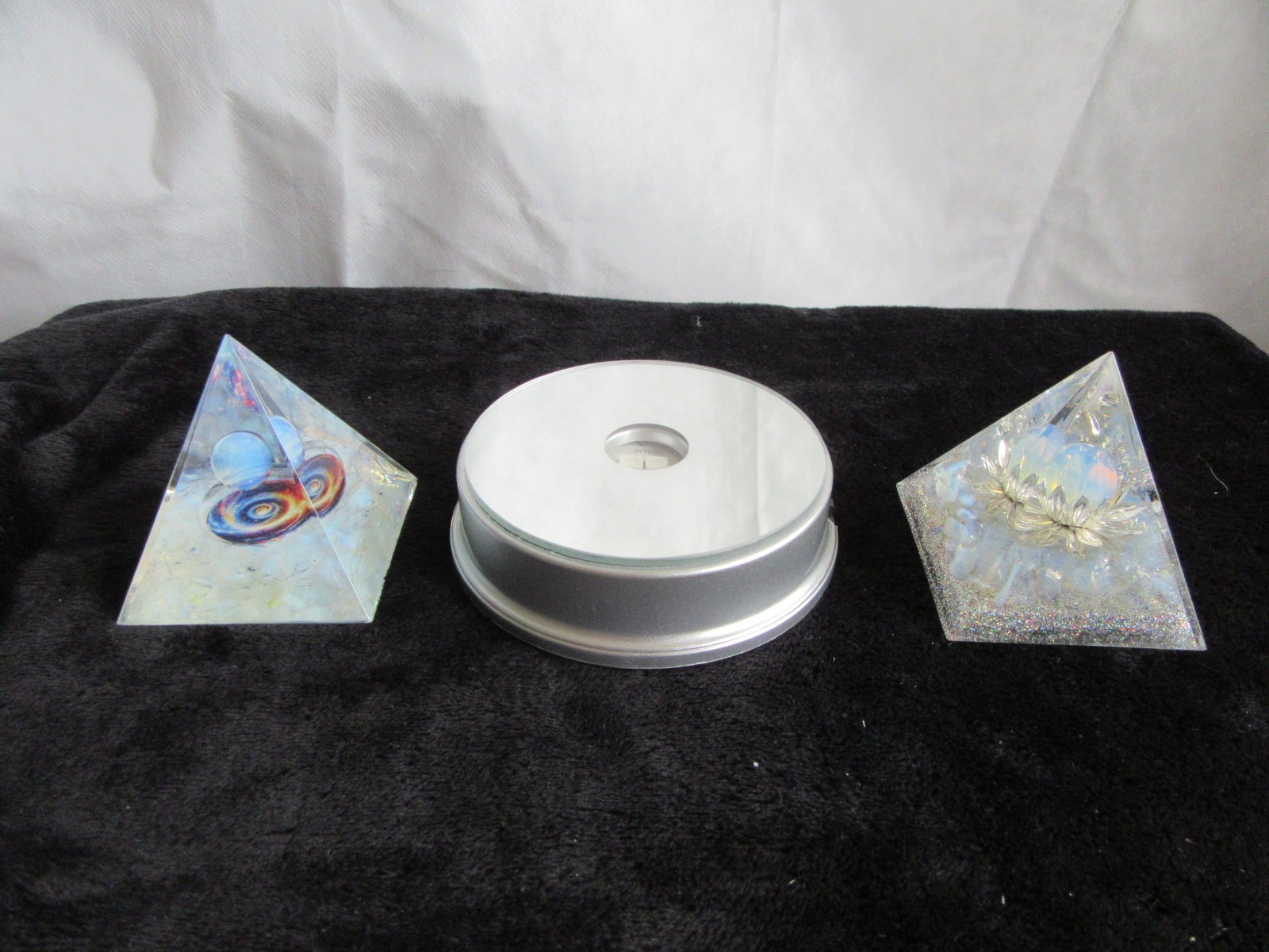 Orgone Pyramid (2) white w/color cntr & 1 white pearl cntr 1 color lighted base.