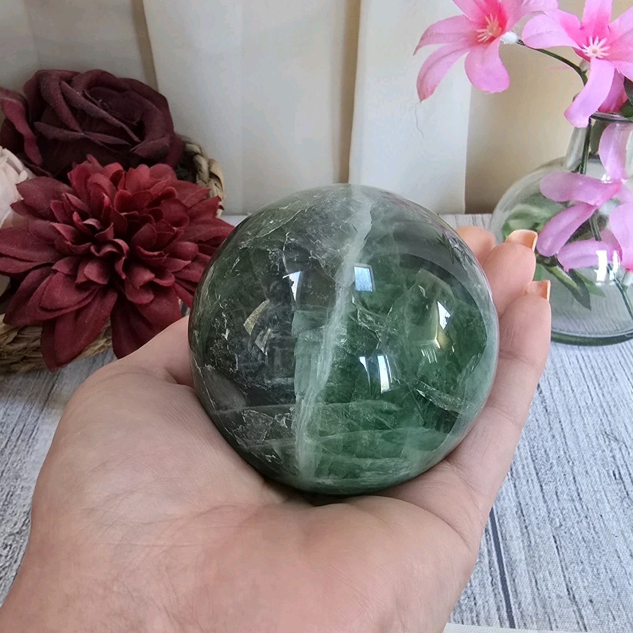 69mm Natural Green Rainbow Fluorite Crystal Sphere Orb (FF)