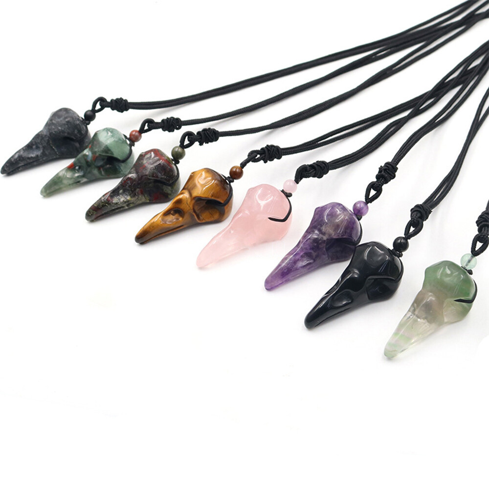 Crow Head Bird Skull Hand Pendant Natural Crystal Necklace Quartz Stone Carving