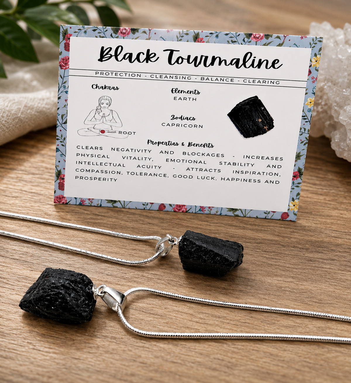 Natural Black Tourmaline Crystal Pendant Necklace Raw Healing Stone Gift + card