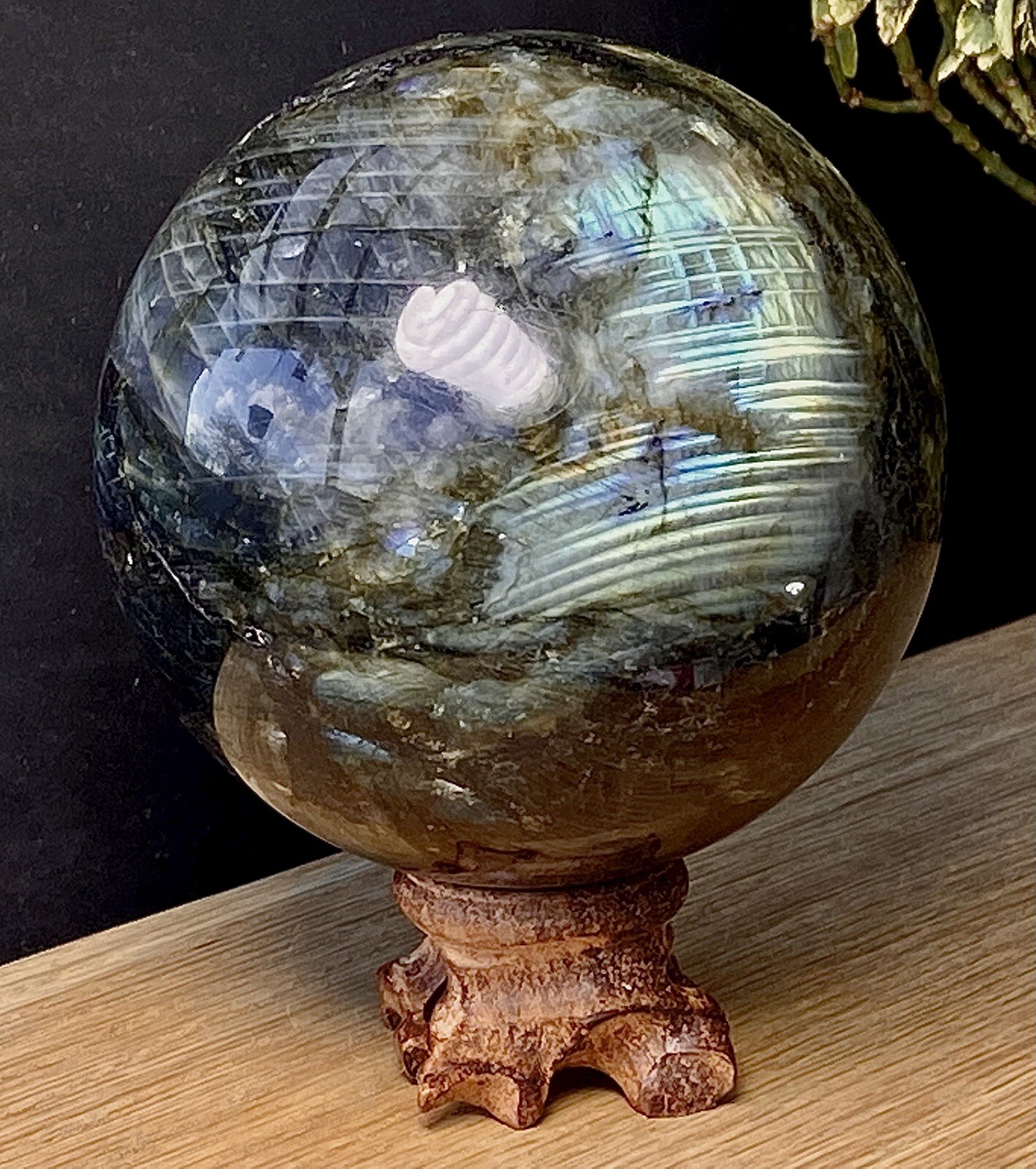Rainbow Labradorite Ball Crystal Sphere Globe Large Flashy Gemstone & Wood Stand