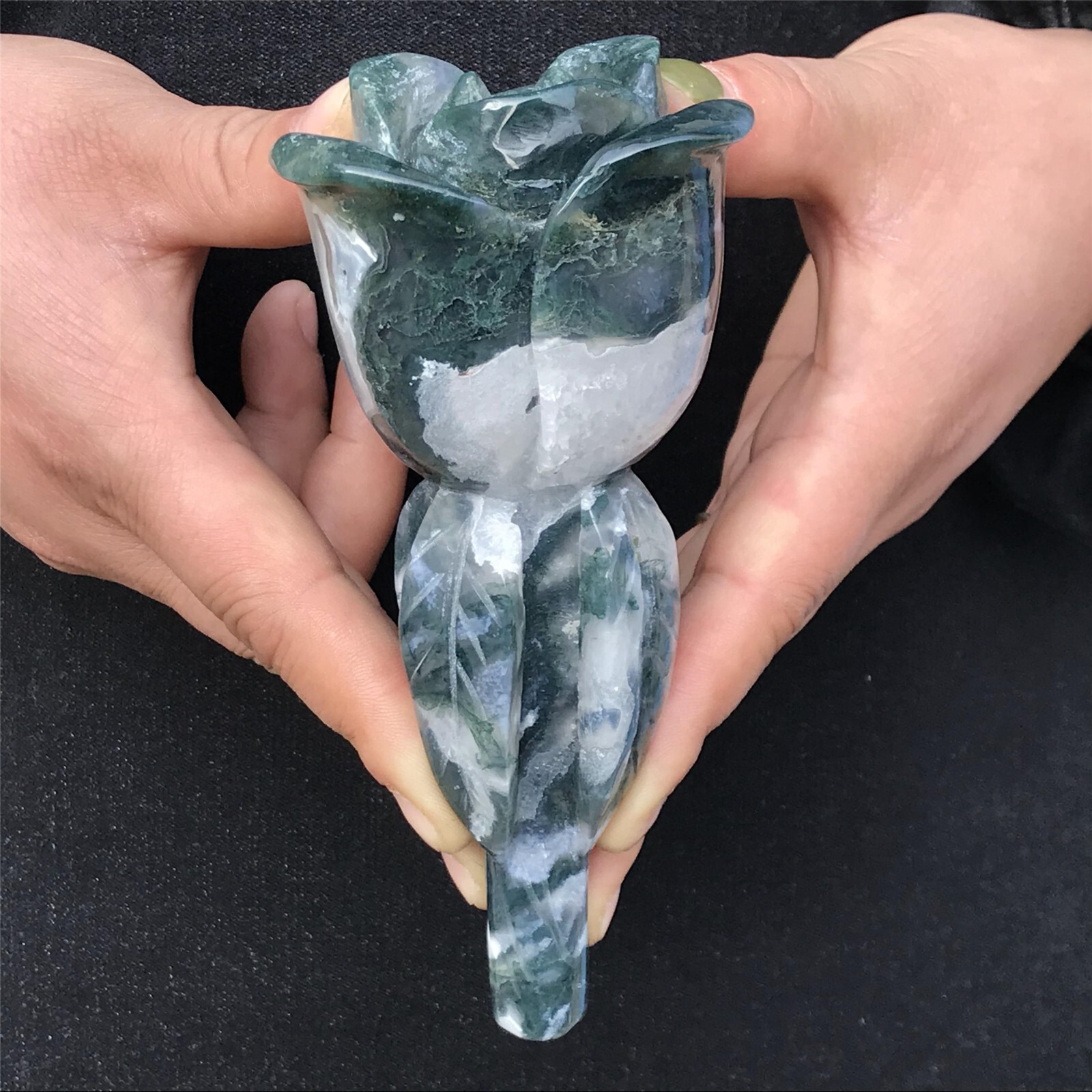 0.85LB Natural Aquatic agate Quartz Carved Crystal rose flower reiki Healing