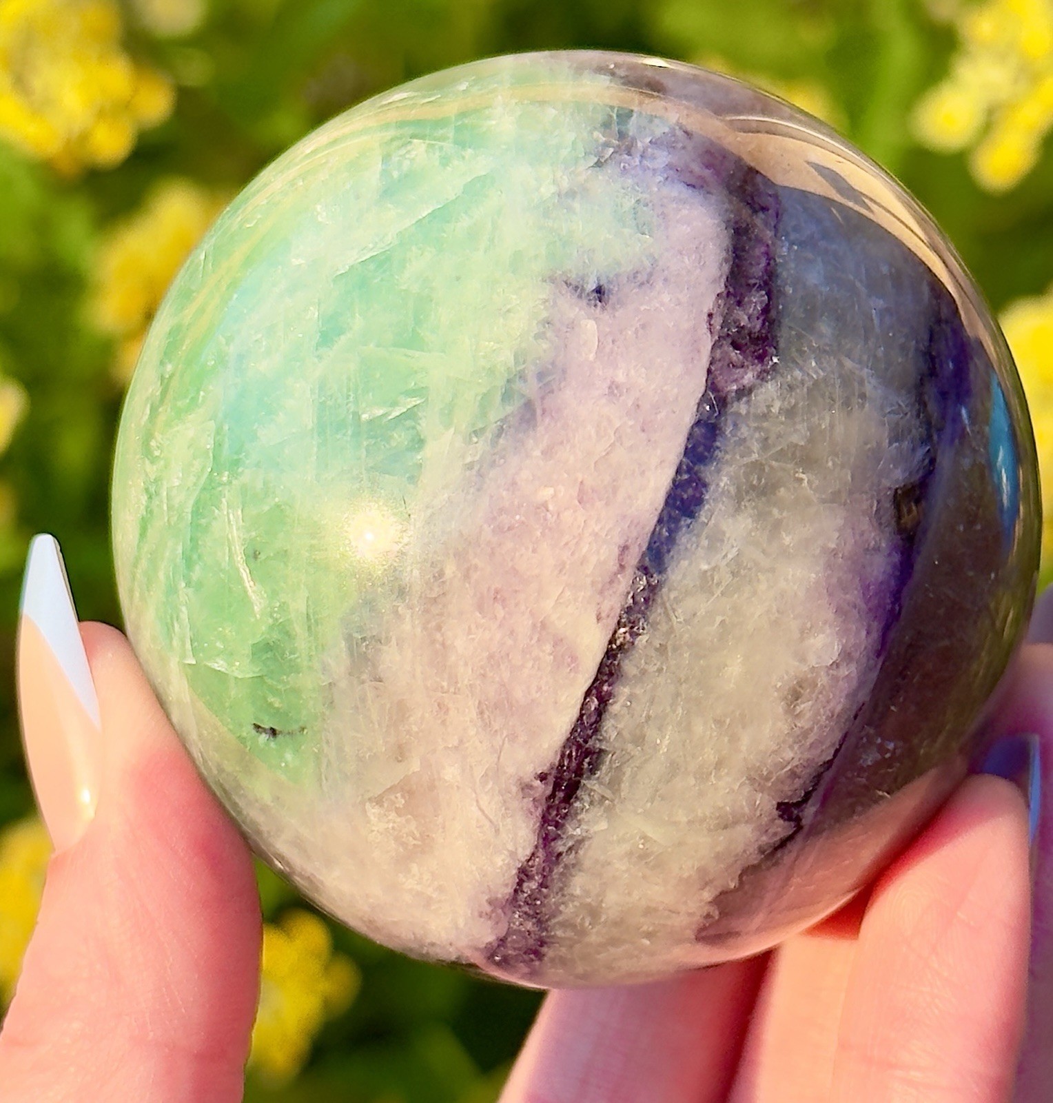 63mm Mint Green Purple Rainbow Fluorite Sphere With Mica Crystal Ball