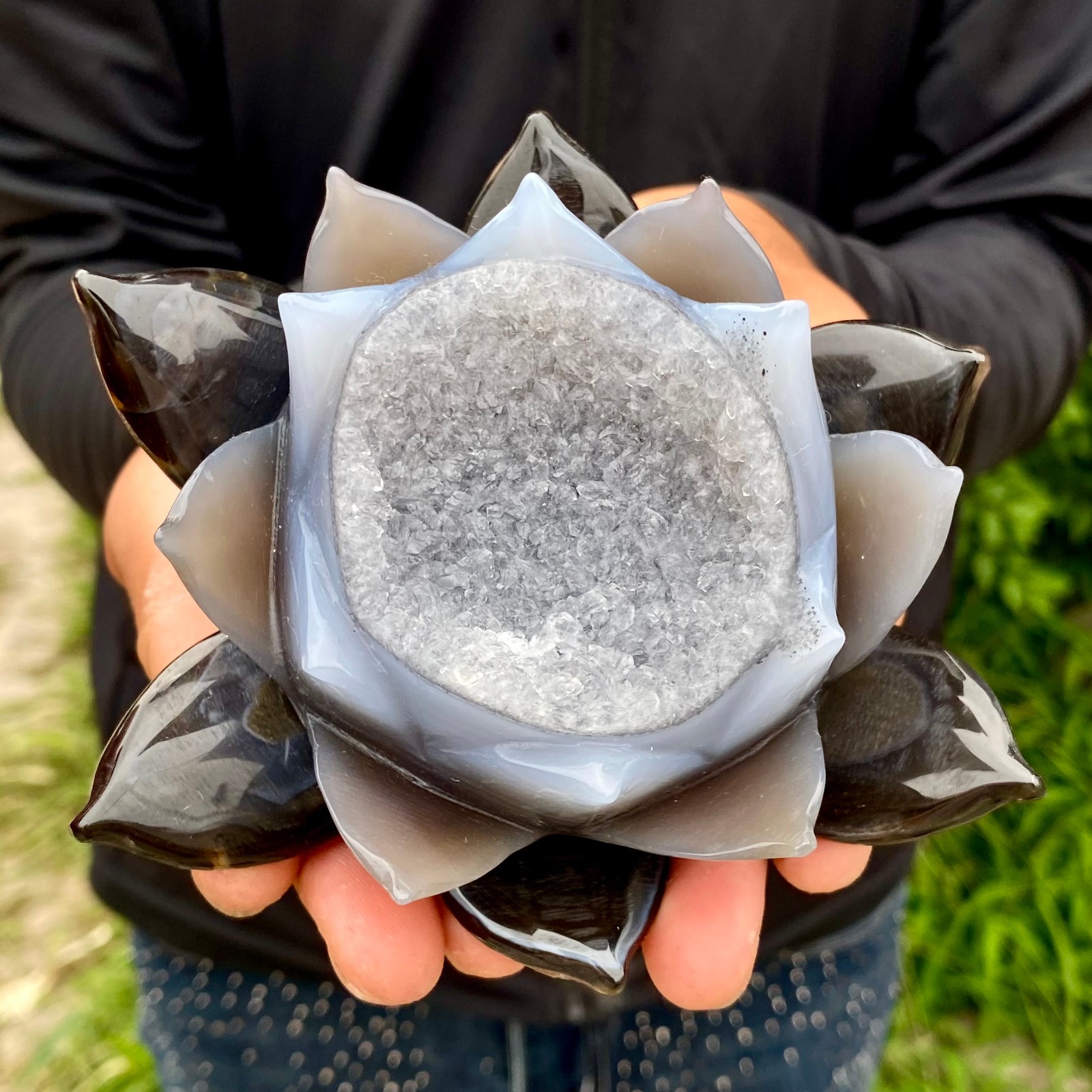485G Natural Agate Geode Carved Lotus Flower, Hand Carved Healing Crystal Home