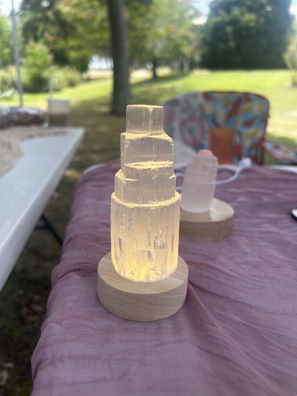 Selenite Tower Lamp White Natural White Crystal LED Cord Decor (unattached)