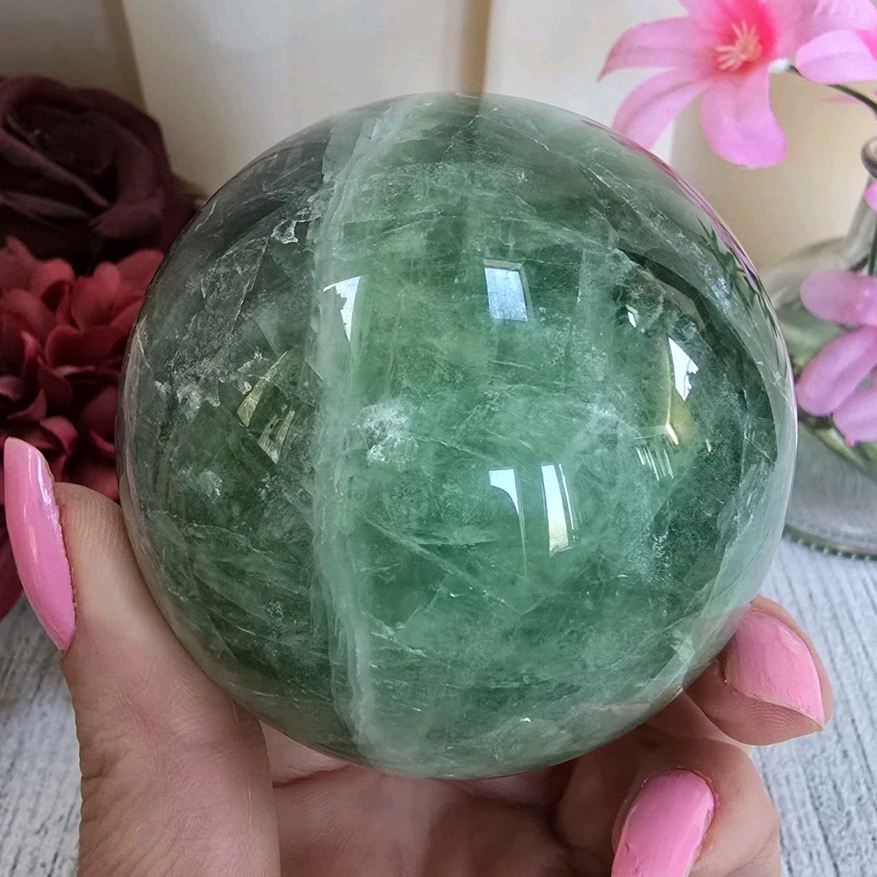 69mm Natural Green Rainbow Fluorite Crystal Sphere Orb (FF)
