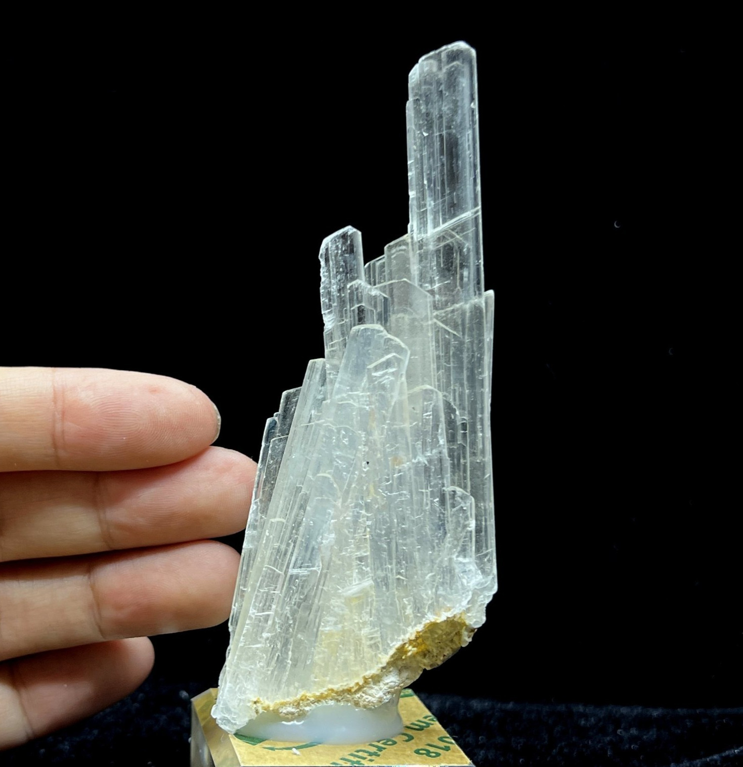 100mm Clear Selenite cluster mounted on acrylic base, Natural Mineral Specimen