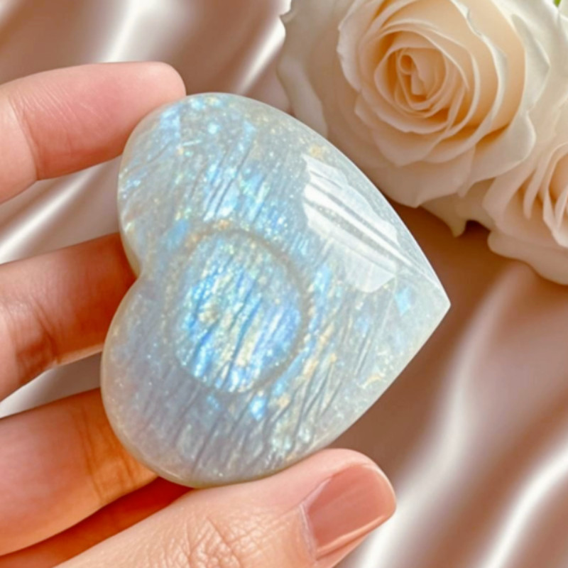Natural Rainbow Moonstone Heart Shape Palm Stone Moonstone Stone Birthday Gift