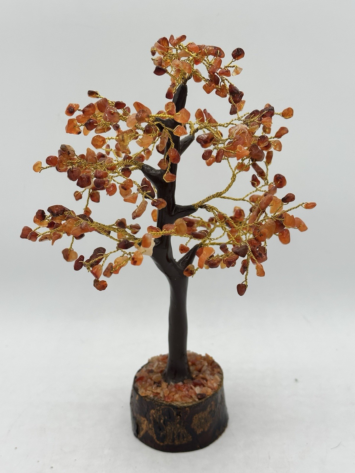Handmade Orange Carnelian Crystal Gemstone Tree Wooden Base, Healing stone 9.5″