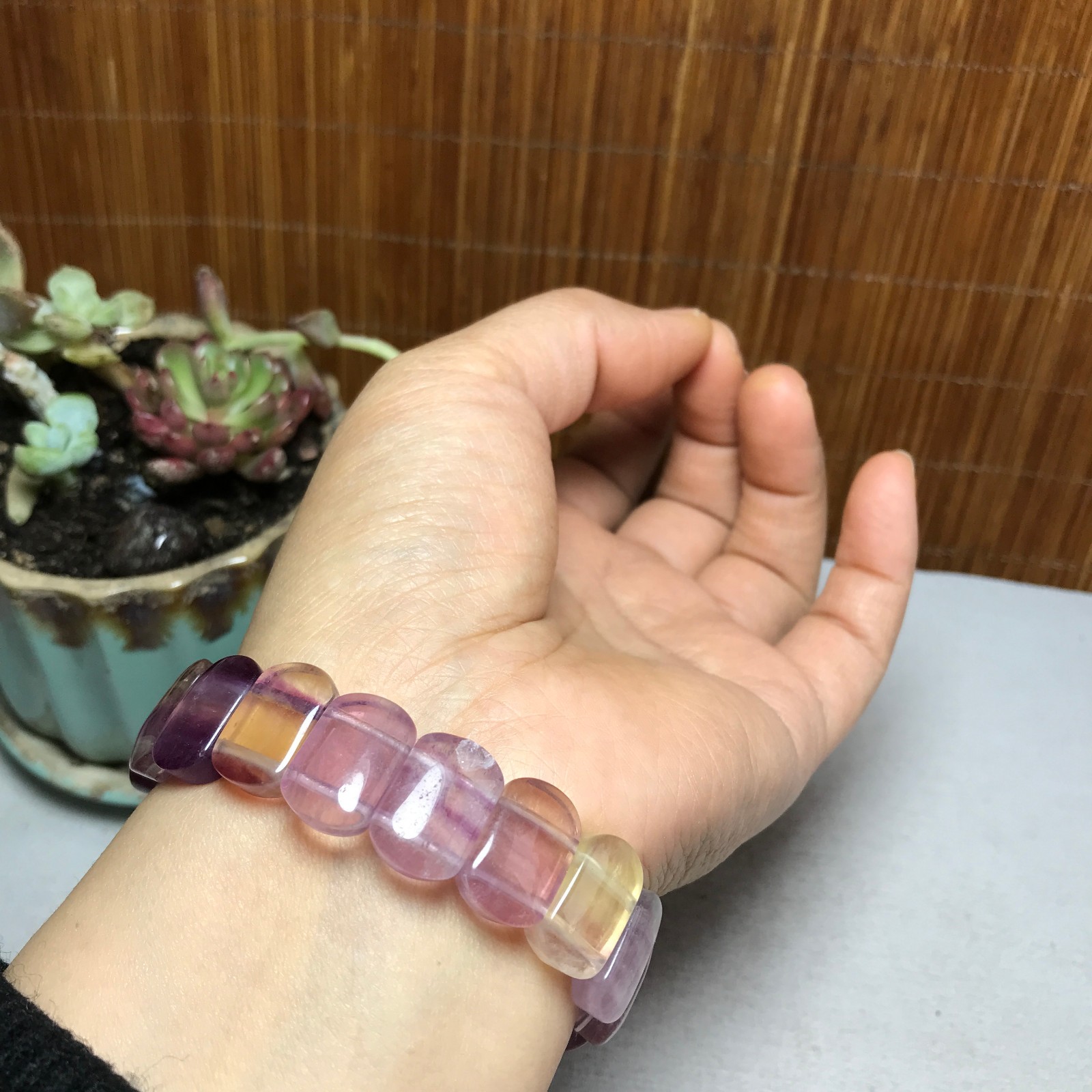 Natural Colored fluorite Bracelet Brown Gemstone Stretch Bracelet Handmade A4096