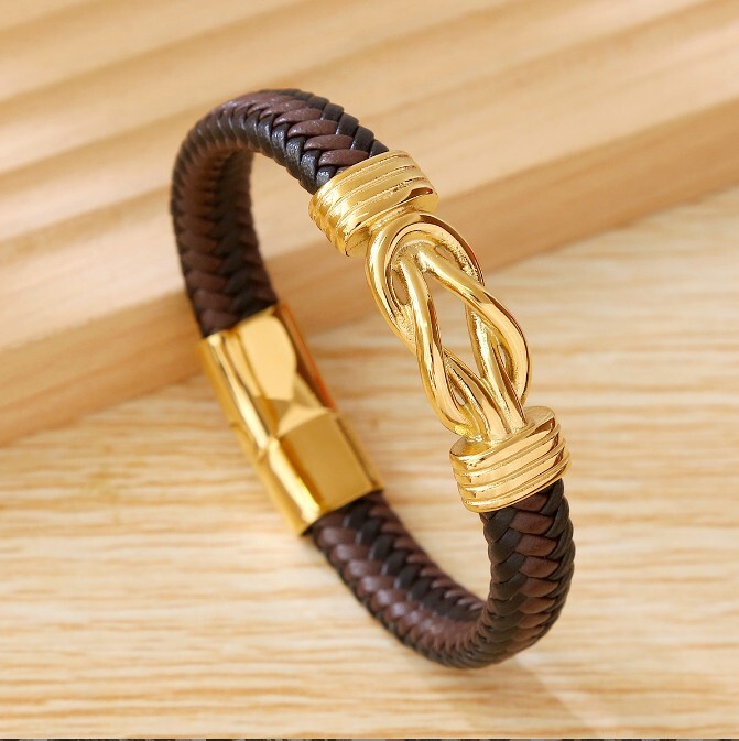 Men’s Leather Braided Silver Bracelet Wristband Stainless Steel Wrist Bangle