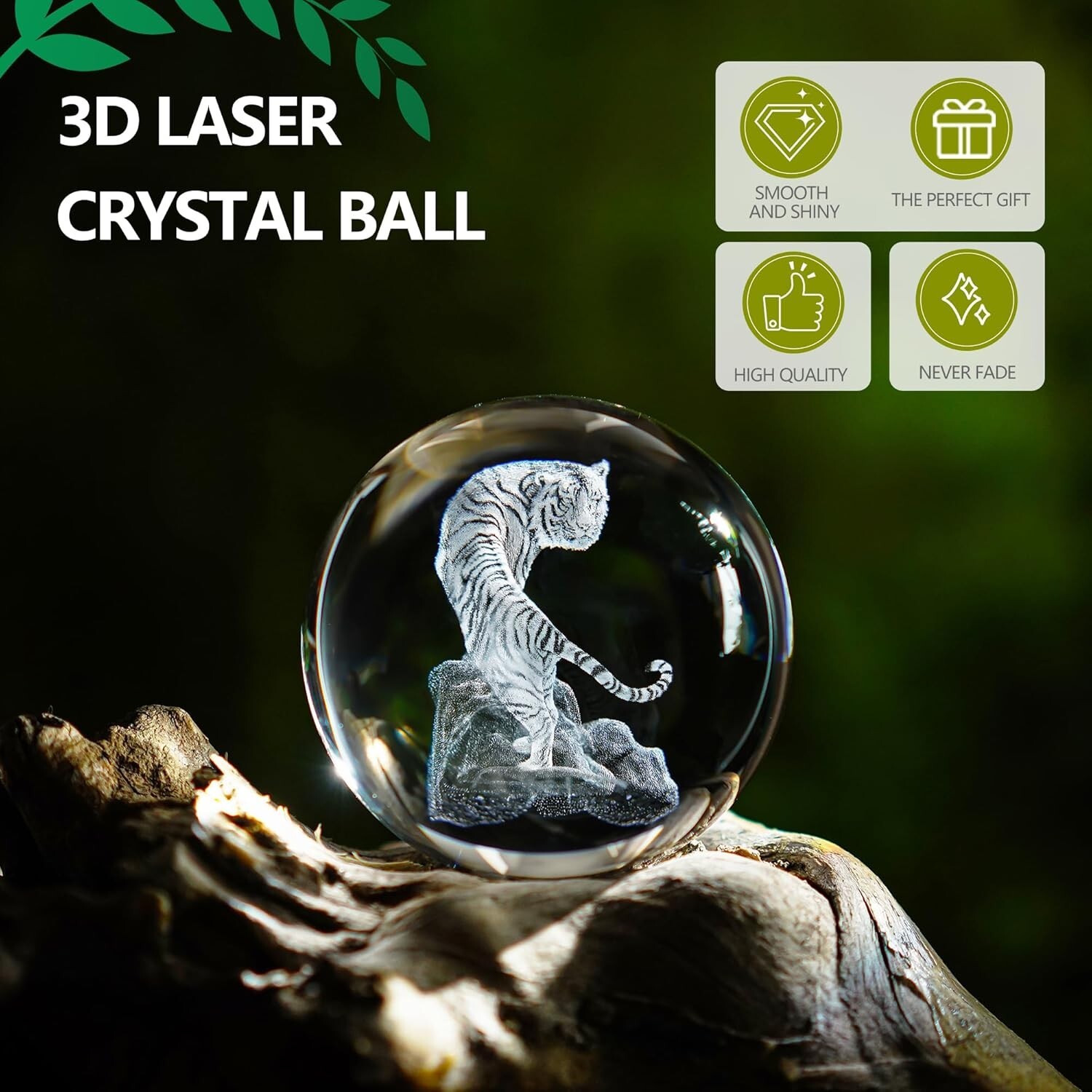 ZEERSHEE 2.3 Inch 60mm 3D Tiger Crystal Ball Figurine Laser Engraved