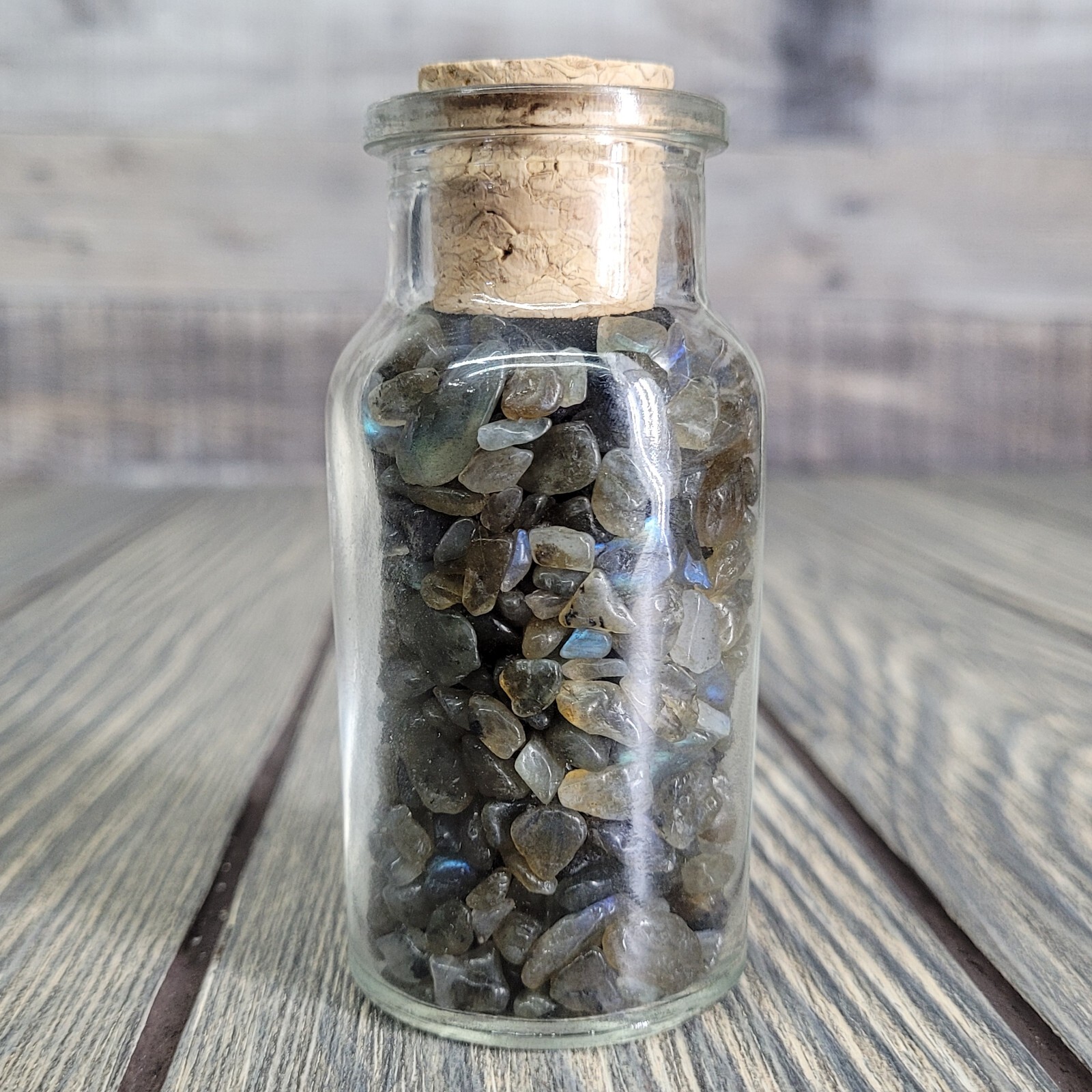 Labradorite 1/4lb Tumbled Crystal Chips in Vintage Apothecary Glass Jar Wagner