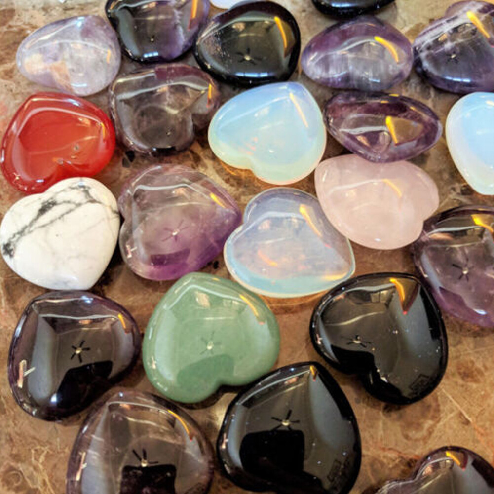 20pc 20mm Mixed Natural Crystal Quartz Carved Heart shaped Healing Love Gemstone