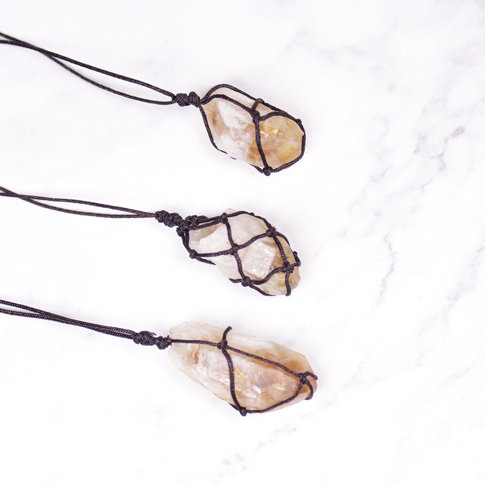 Natural Brazil Citrine Crystal Rough Raw Stone Pendant Wrap Rope Necklace