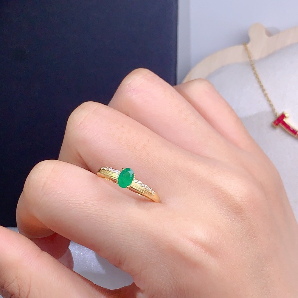 Natural emerald open Adjustable brushed ring Gemstone S925Silver Plated18K Gold