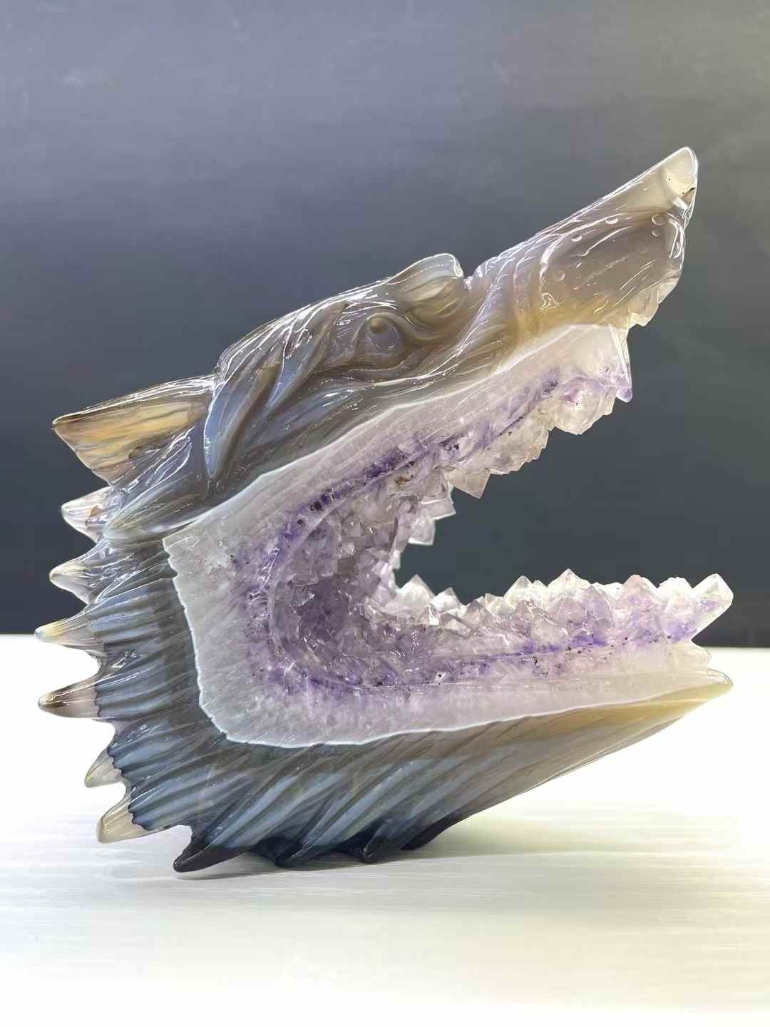 1pc Natural Amethyst Geode Agate Quartz Carved Wolf Head Skull Crystal Decor