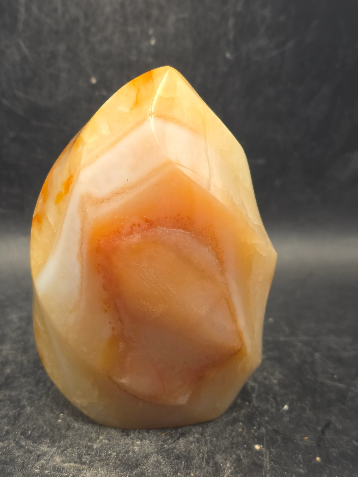 Carnelian agate flame tower! 12 ounces, 3.3 inches tall, 2.2″ wide!