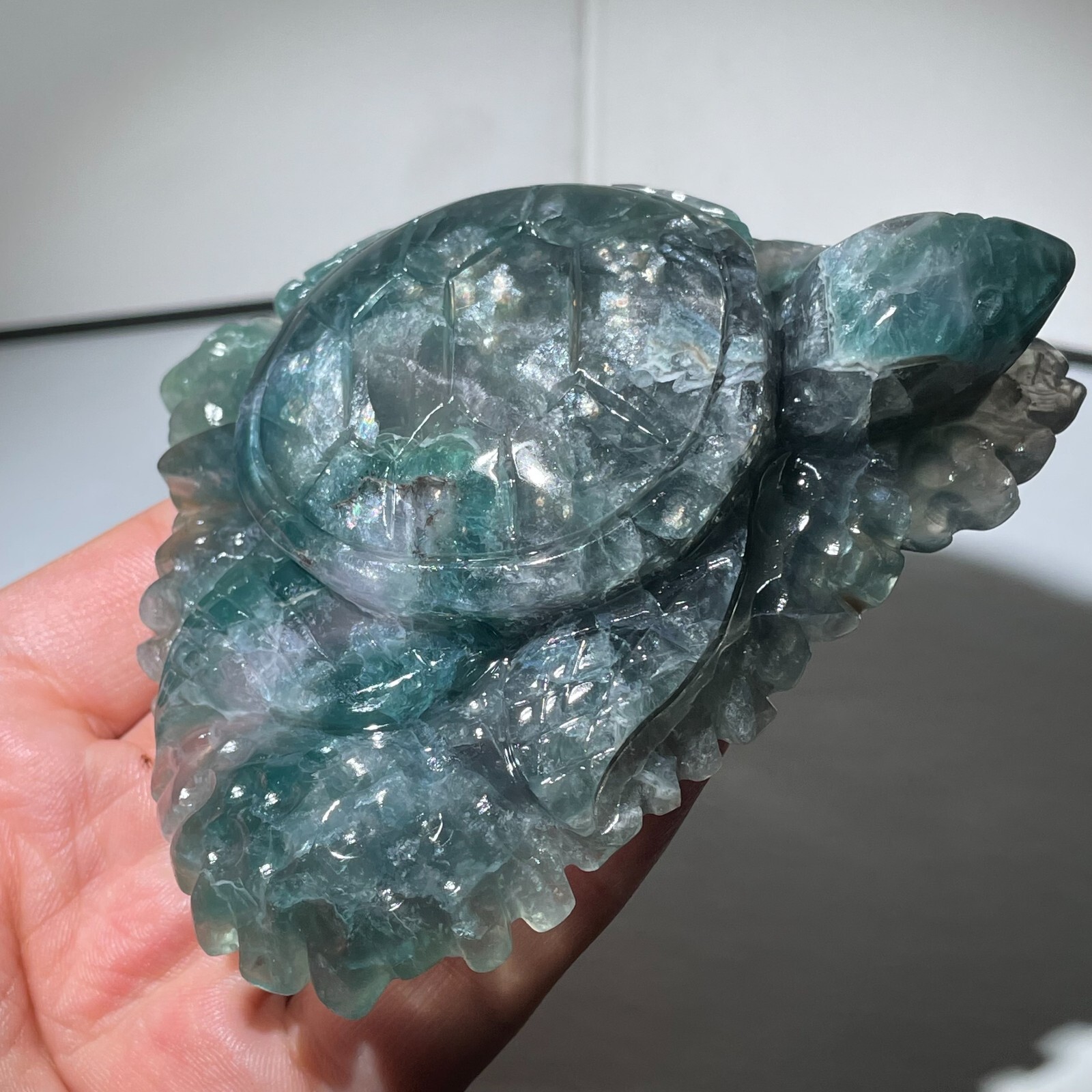 353G Natural Color fluorite Quartz Crystal sea turtle Skull Reiki Healing Gift