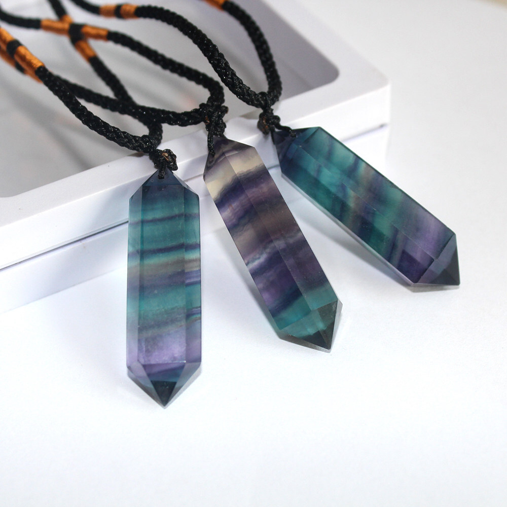 Natural Rainbow Fluorite Quartz Crystal Gemstone Pendant Healing Necklace Amulet