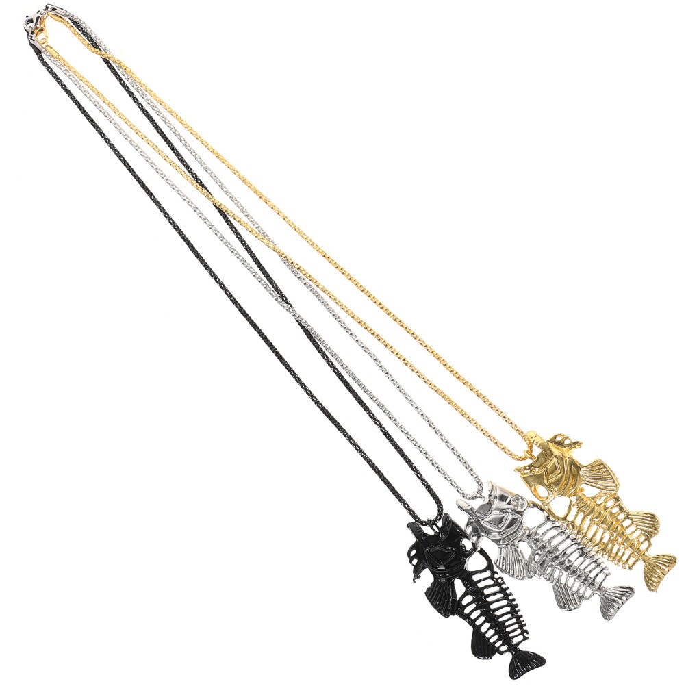 3Pcs Reusable Fish Bone Necklace Alloy Fishing Hook Stainless Steel Chain