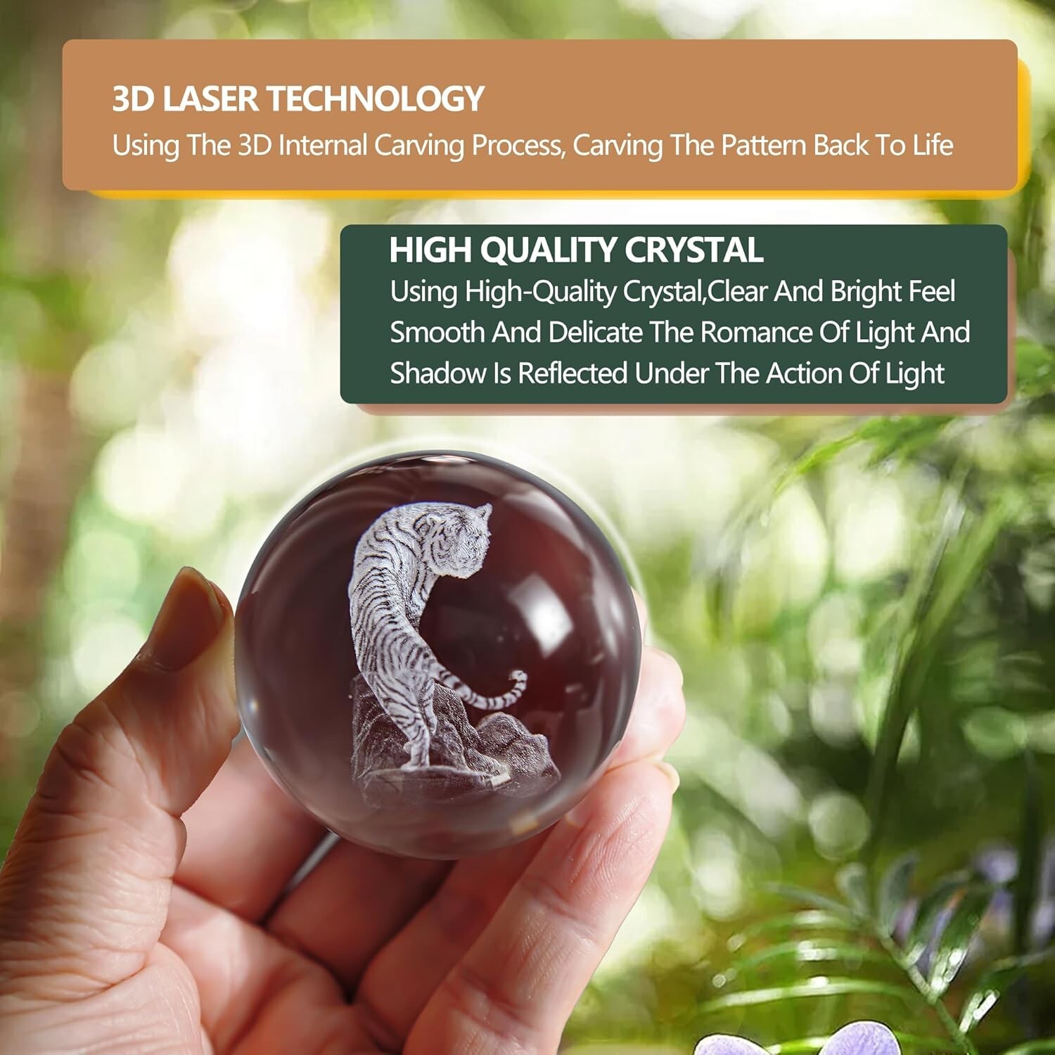 ZEERSHEE 2.3 Inch 60mm 3D Tiger Crystal Ball Figurine Laser Engraved