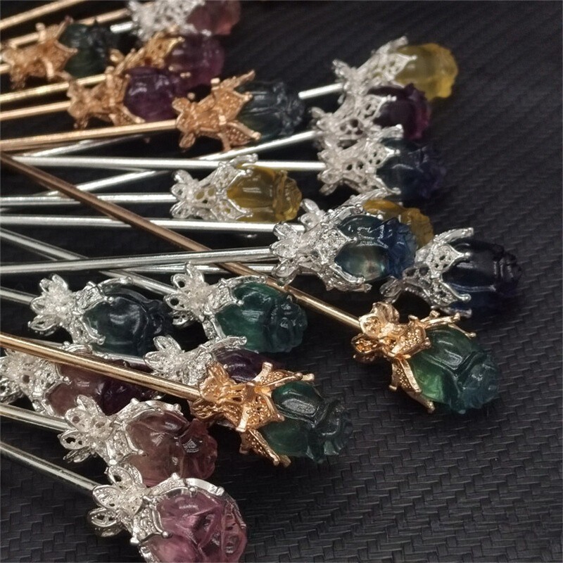 5pc Natural Fluorite Carved Quartz Crystal Flowers Skull Reiki Home Decoration