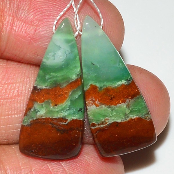 24Cts Natural Chrysoprase Gemstone Cabochon Side Drill Earrings 24x9mm #P2905