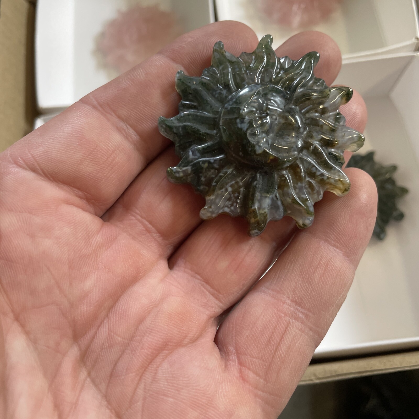2″ Hand Carved Natural Moss Agate sun Moon Quartz Crystal Uk Sellers F16 #6