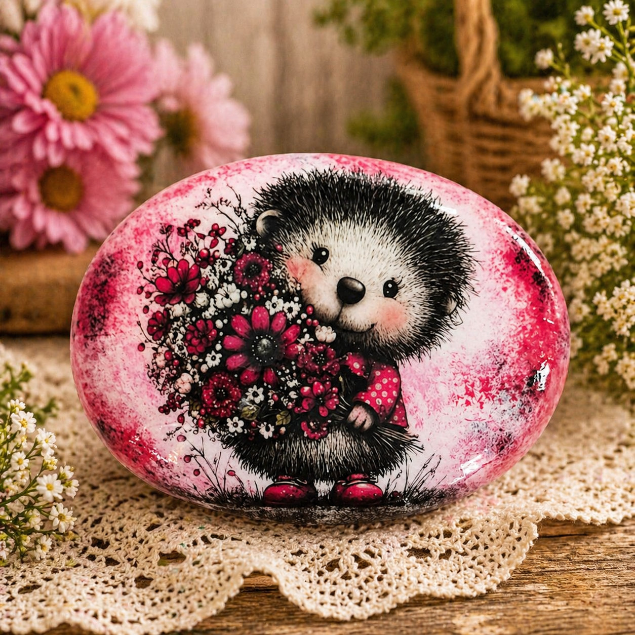 Hedgehog Painted Rock – Red Floral Animal – Hand Designed Upcycled Stone – Cute