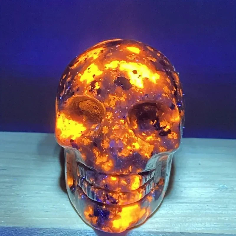 Natural Yooperlite Skull Carved Fluorescent Sodalite Quartz Crystal Healing Gift