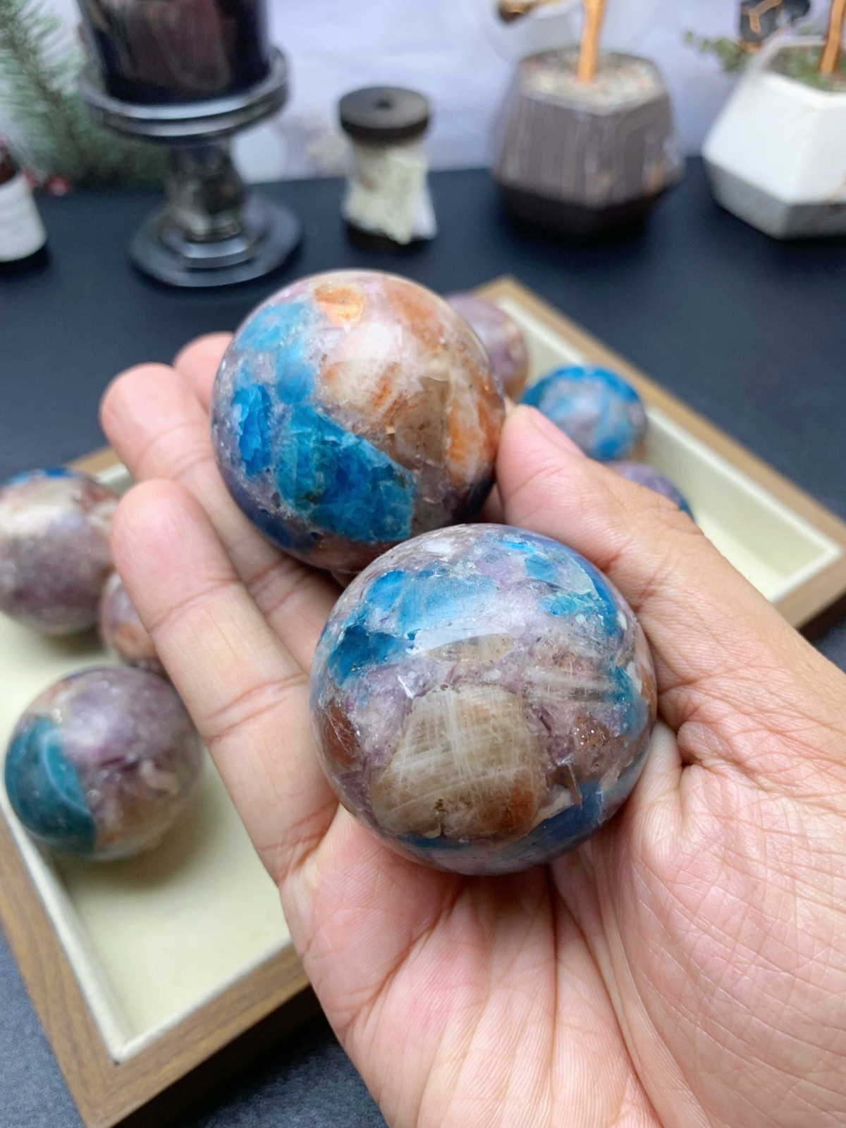 Composite Crystal Sphere 5cm, Apatite Sunstone Purple Mica with Wooden Stand