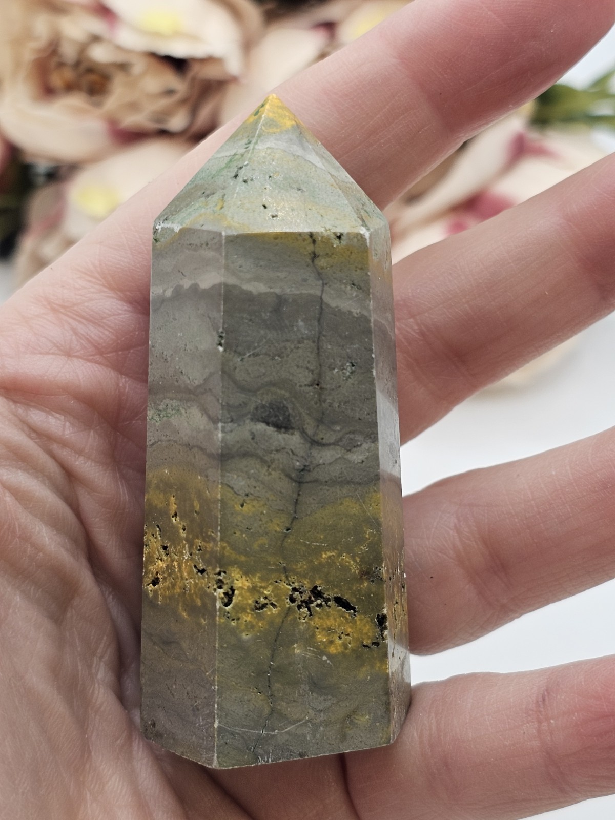 Bumblebee Jasper crystal Tower Point 78g 6.6cm yellow Grey Upliftment