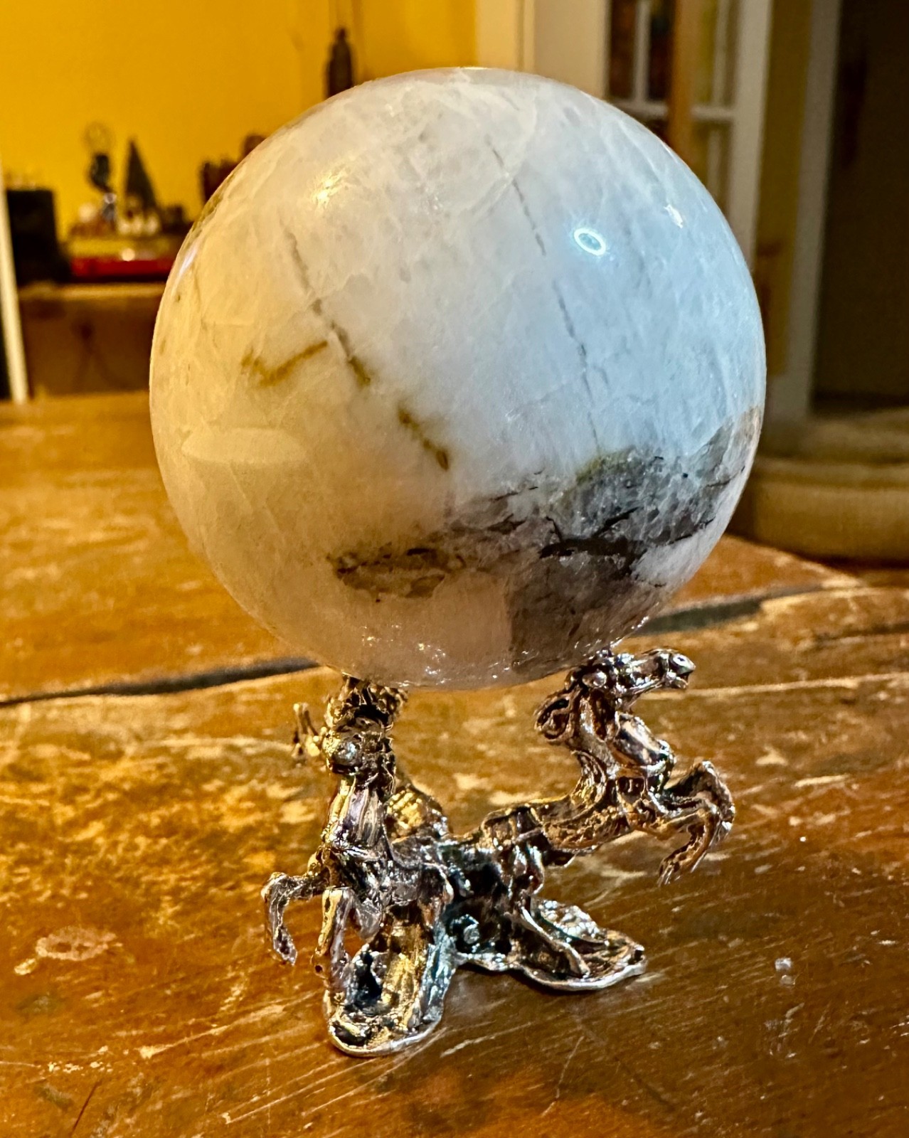 Moonstone sphere with tourmaline inclusions and metal horse stand Free shipping