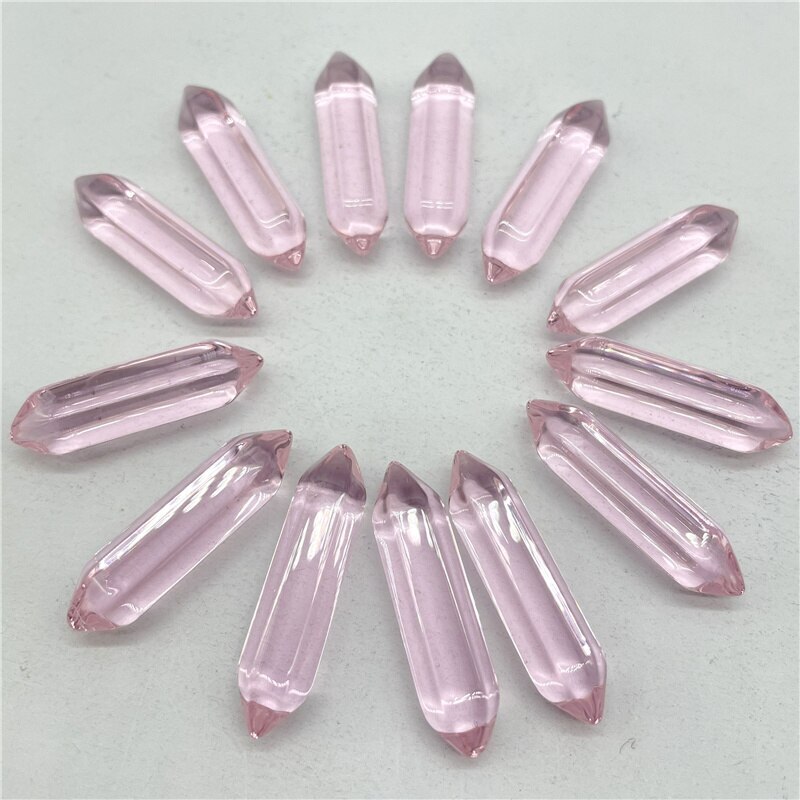 30pcs Pink Crystal Glass Hexagonal Pointed Pendant Beads Healing Reiki No Hole