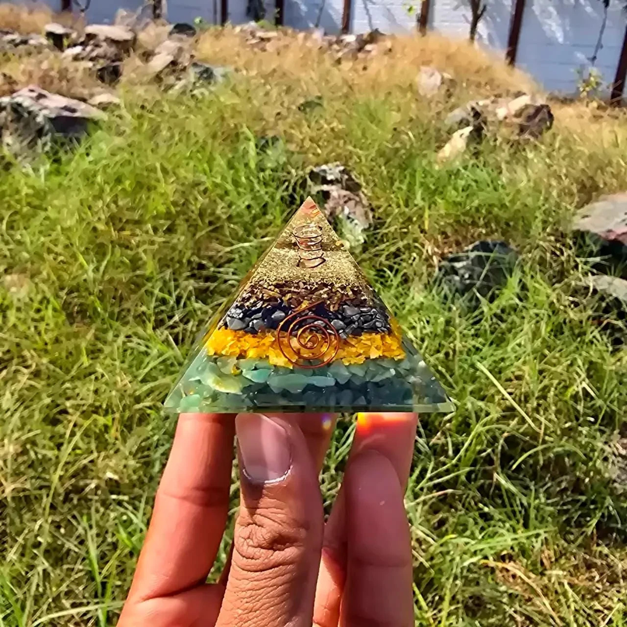 Money Magnet Orgonite Pyramid Pyrite, Citrine, Tiger Eye Wealth & Reiki Crystal
