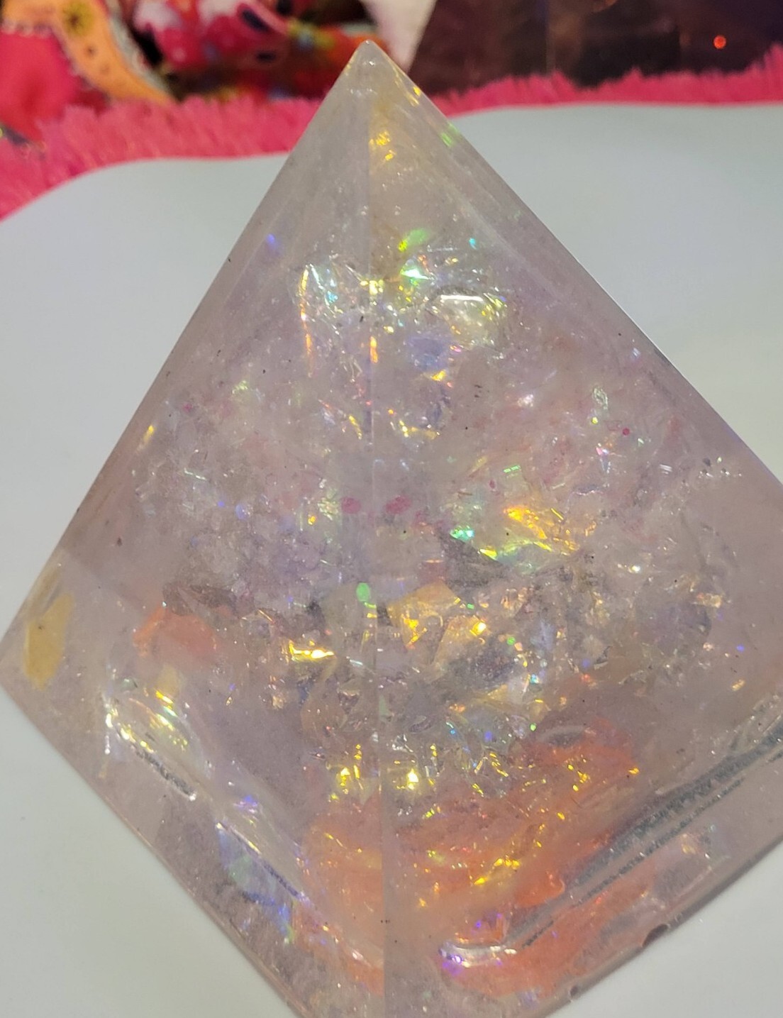 Natural Gemstone Crystal Sphere 3D Orgonite Epoxy Pyramid Energy Tower Healing