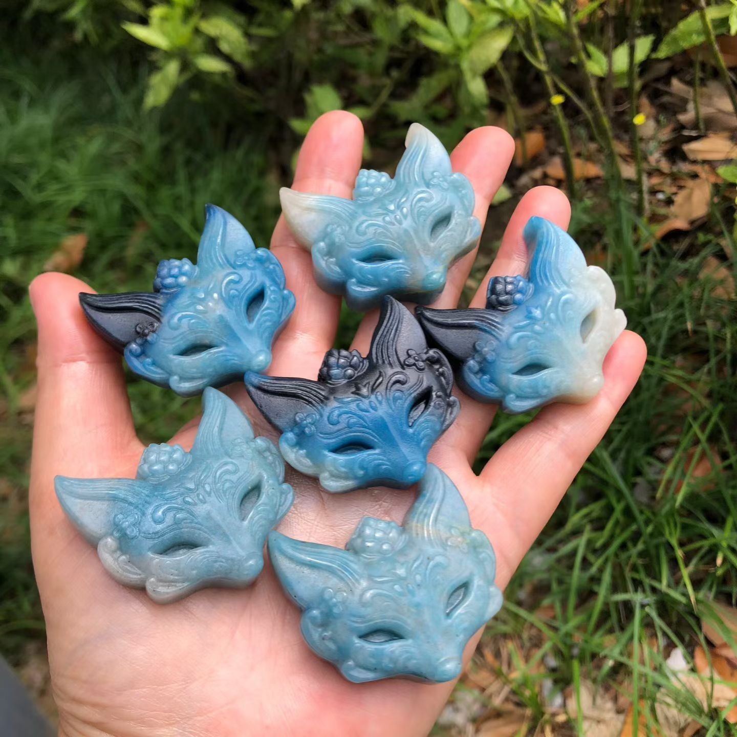 2pc Natural Blue Aventurine Quartz Carved Mini Fox mask Skull Crystal Reiki