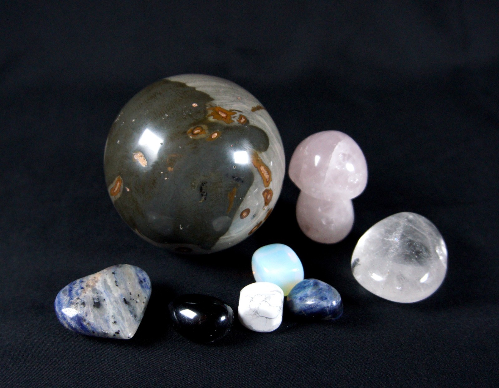 Mixed Crystal Lot 8pc Sphere Mushroom Tumbled Stones Jasper Quartz Sodalite