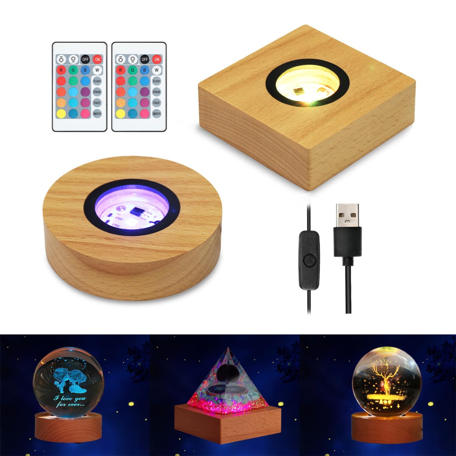 2 Pack Wooden Light Display Base LED Display Stand for Crystal Glass Resin Art