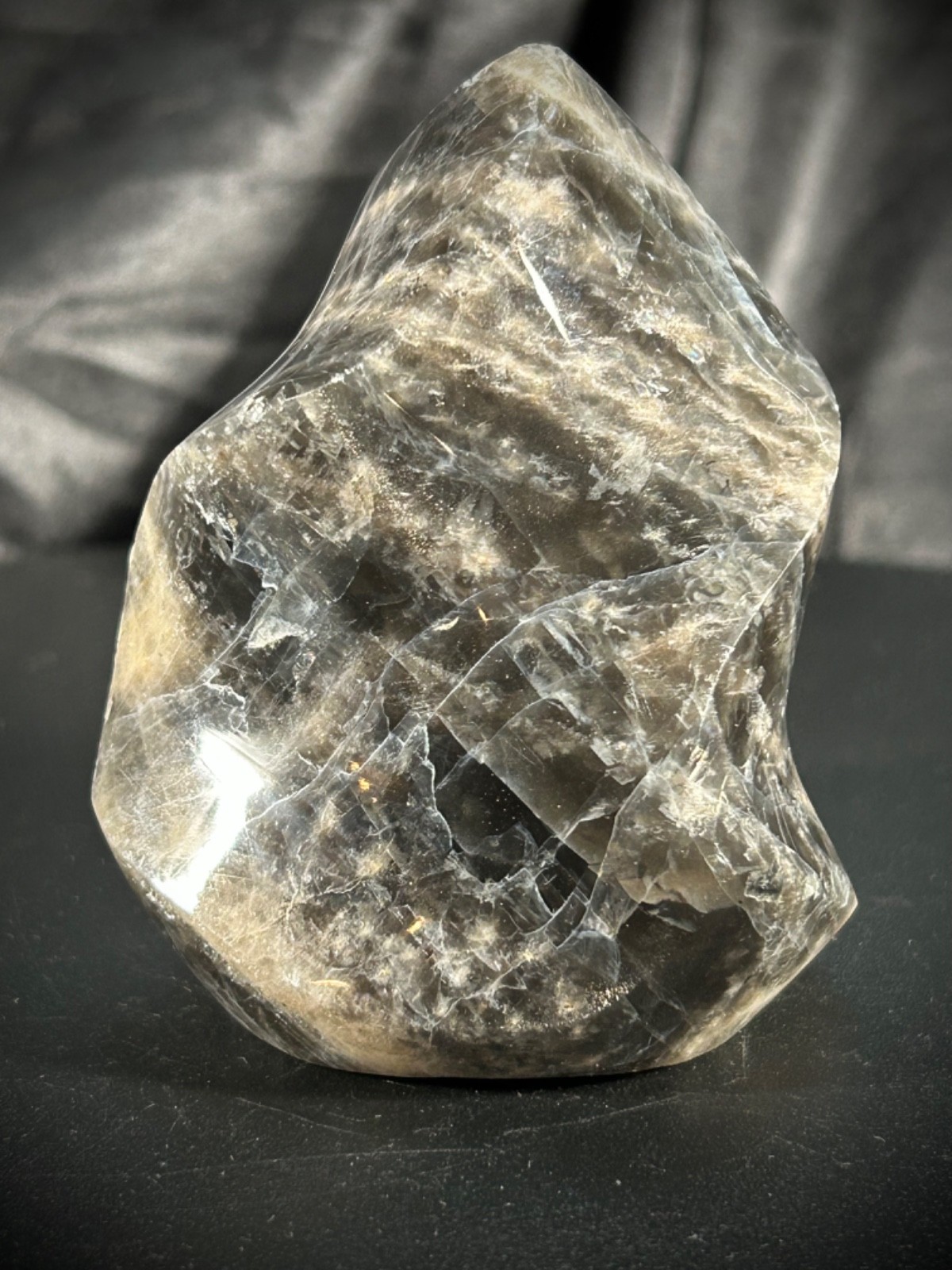 2.97″ Fancy Black Moonstone Flame Carving 11.1oz (316 grams)