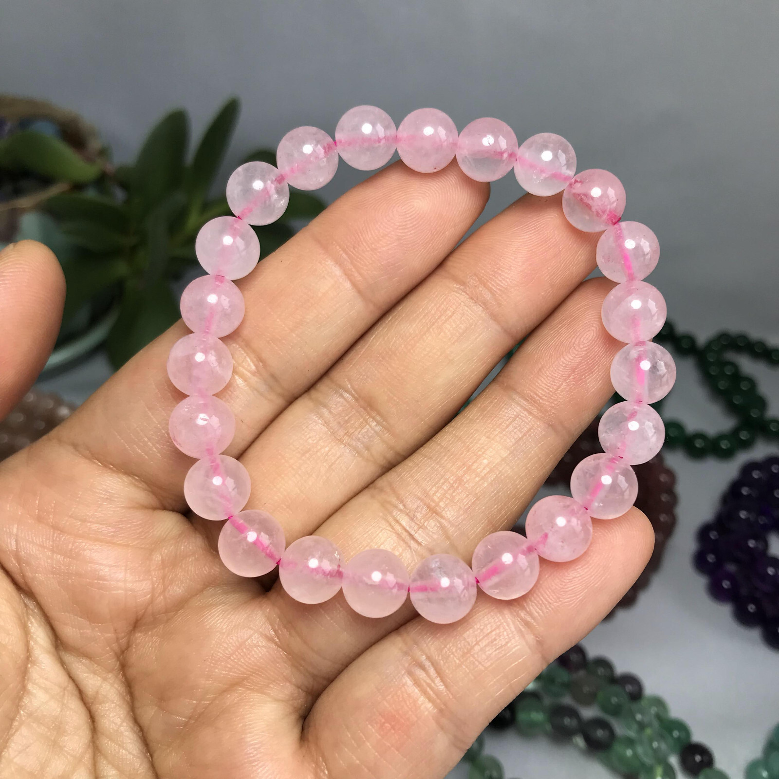 8mm-9mm Top Natural pink crystal gemstone Crystal chain beads bracelet 19g A5268